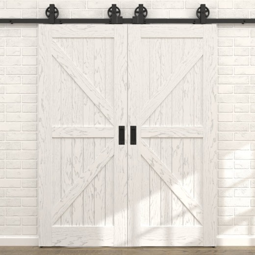 Двустворчатая раздвижная амбарная дверь RL002 (шпон ясень белый с патиной серебро, глухая)
