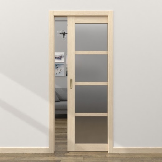 Одностворчатая дверь-пенал RM059 (экошпон «лиственница кремовая», матовое стекло)