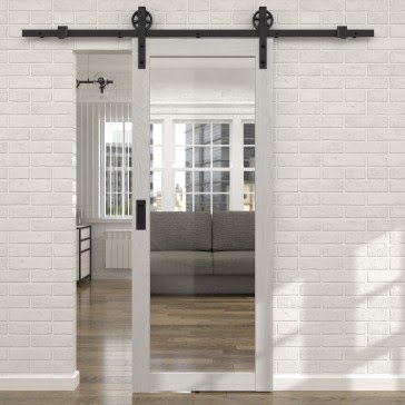Межкомнатная амбарная дверь Loft, RM048 (экошпон серый дуб, зеркало)